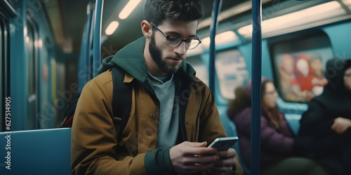 Modern Commuting: Men Embracing Connectivity on Subway Public Transportation