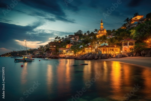 Colorful coastal town embraced by the sea and sailboats., generative IA