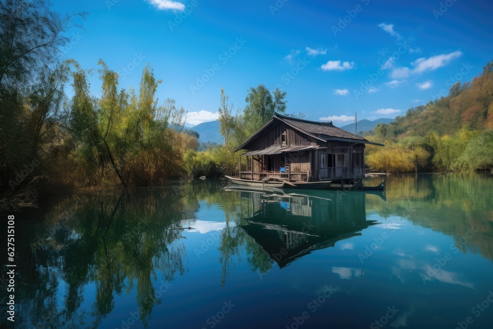 Serene wooden house on the banks of the river., generative IA Serene wooden house on the banks of the river., generative IA