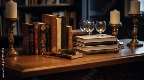 Desk with volume of new books. Edges or book stacks one on top of the other. Table with books. Office with elegant  luxurious and minimalist wooden table.