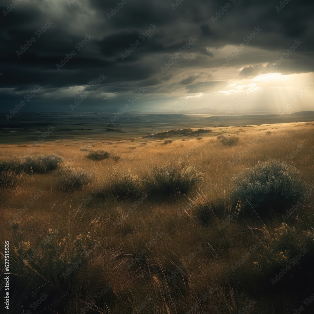 Fototapeta premium A vast, windswept grassland under a stormy sky, expansive landscape captures golden grasslands under a dramatic sky, with sunbeams piercing through dark clouds, illuminating patches of the terrain.