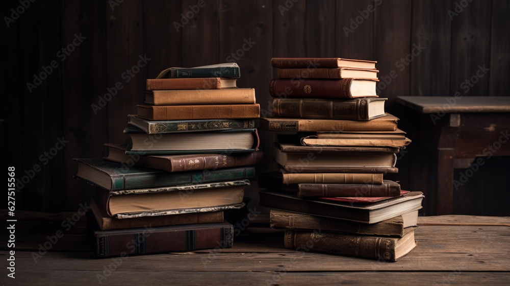 Stacks of old books. Wooden surfaces with old books placed on top of each other. Stacks of old books. Wooden surfaces with old books placed on top of each other.