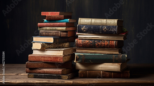 Stacks of old books. Wooden surfaces with old books placed on top of each other.