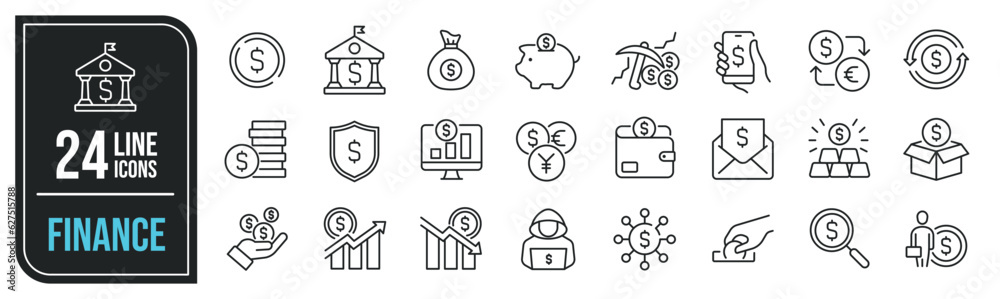 Finance minimal thin line icons. Related money, coi, piggy bank, currency, investment. Editable stroke. Vector illustration.