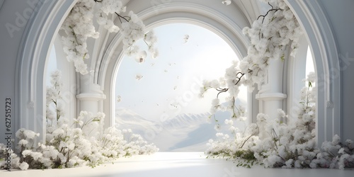white room with arch and flowers in the wall