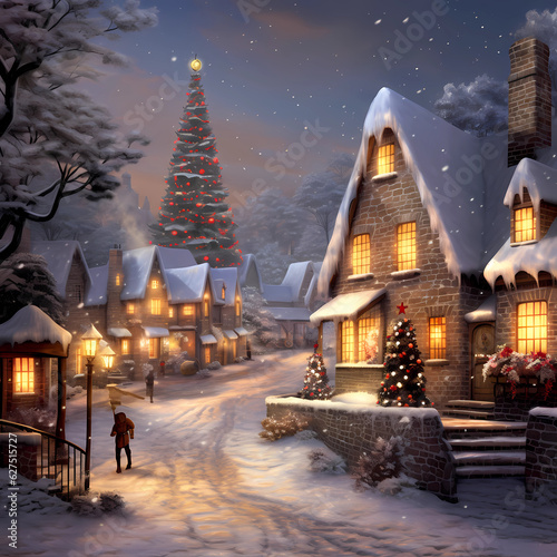 Classic snowy village scene with a glowing Christmas tree.