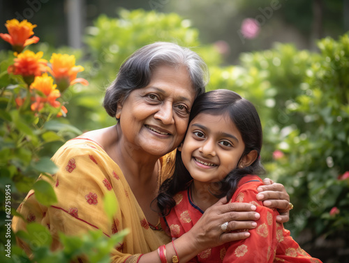 Portrait of an Indian grandmother and young granddaughter in a flower garden, close together and smiling at the camera. Illustration created with Generative AI technology.