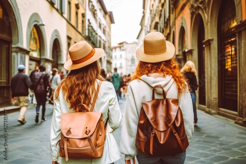 Florence Italy travel destination. Two tourists walking in city. Tour tourism exploring.