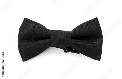 Stylish black bow tie on white background, top view