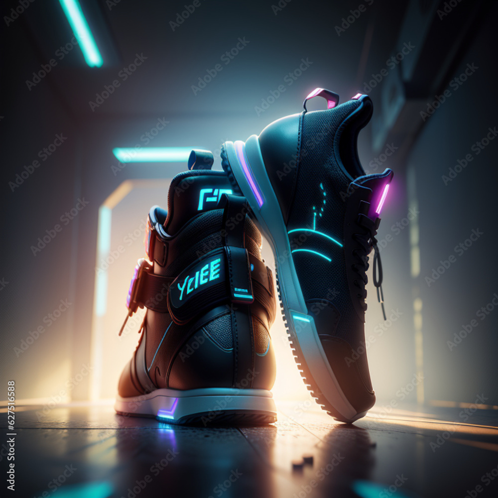 há um par de sapatos que estão em um chão, neon futurista cyberpunk, Generative Ai - obrazy, fototapety, plakaty 