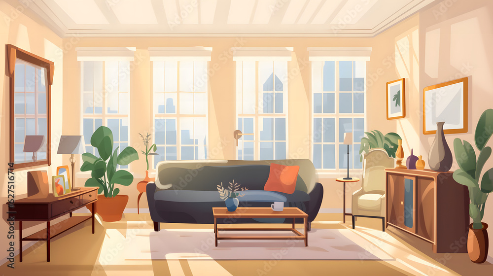 モダンでエレガントなリビングルームのイラスト No.024 | An illustration of a modern and elegant living room Generative AI