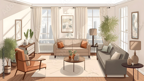 モダンでエレガントなリビングルームのイラスト No.025 | An illustration of a modern and elegant living room Generative AI