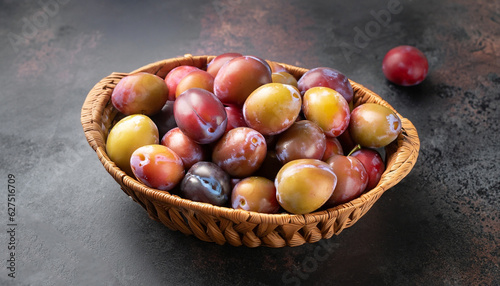 plums in basket on a dark stone background .