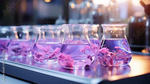 A science experiment with purple liquid in a lab. Generative AI. 