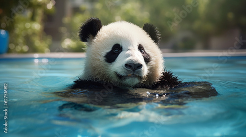 Panda bear on vacation in the pool, on the beach and in the forest. Panda sunbathing on deck chair. Panda sleeping in a tree. Panda swimming in a pool.