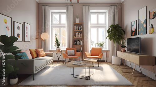 モダンでエレガントなリビングルームのイラスト No.078 | An illustration of a modern and elegant living room Generative AI