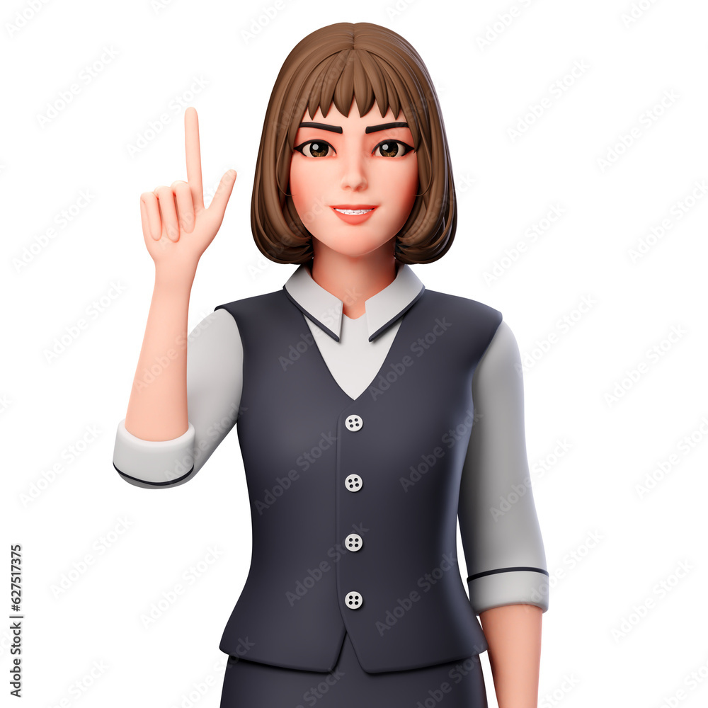 3D Illustration of Business woman pointing upward using left hand 3D Illustration of Business woman pointing upward using left hand