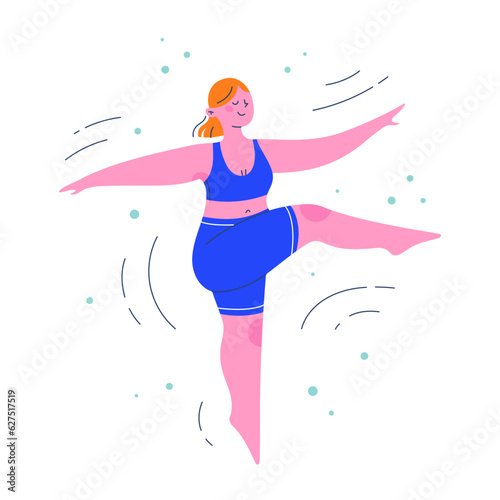 Woman character in a balancing ballet dancing pose. Flat colorful people vector illustration. 