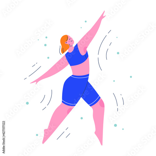 Woman character in a dynamic dancing pose. Flat colorful people vector illustration. 