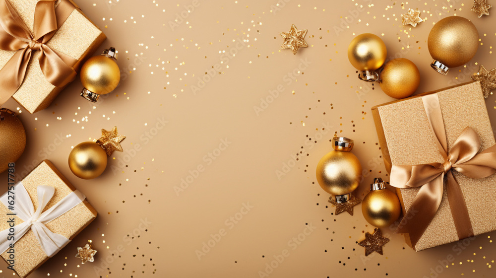 Fototapeta premium Elegant golden gifts backgrounds. Backgrounds of beautiful Christmas gifts.