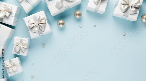Backgrounds of elegant gifts  white  silver and light blue. Backgrounds of beautiful Christmas gifts.