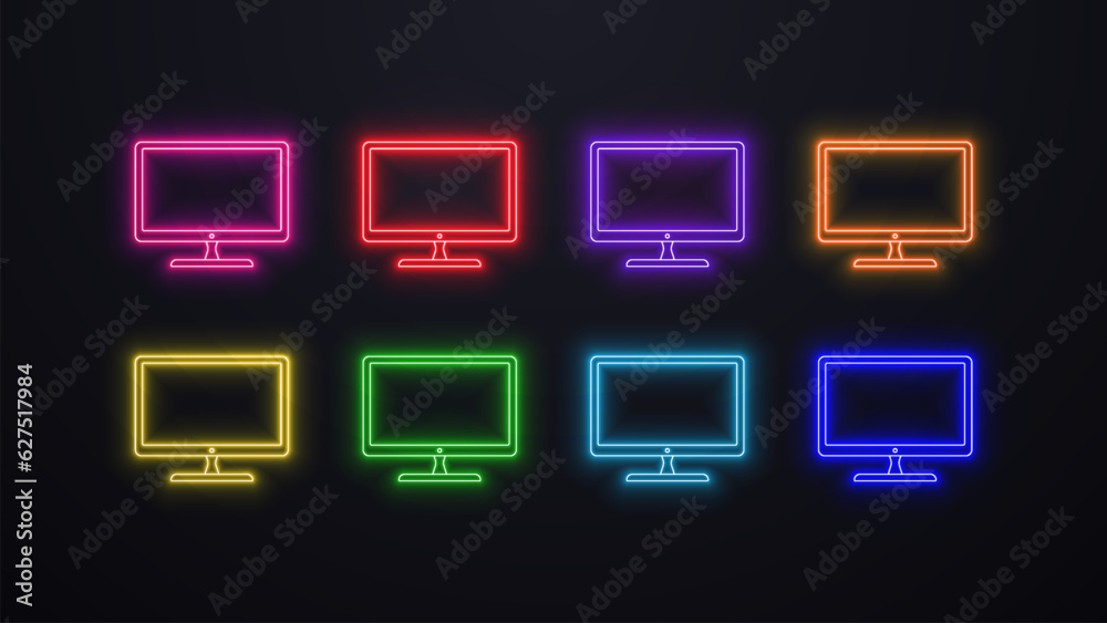 A set of neon computer monitor icons in different colors: blue, green, red, orange, yellow, purple and pink on a black background. A set of neon computer monitor icons in different colors: blue, green, red, orange, yellow, purple and pink on a black background.