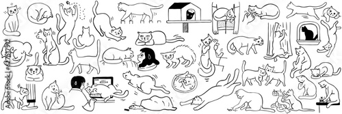 Cute character doodle illustration of cat behavior, feelings, emotions expression, actions, activities. Outline, thin line art, hand drawn sketch, black and white ink style. Big set bundle. 