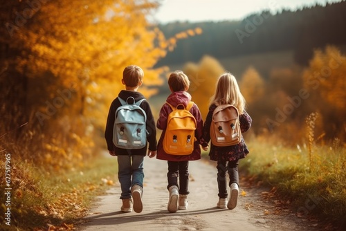 Back To school in autumn. Back view of children with backpacks going to school on a countryside road © Adriana