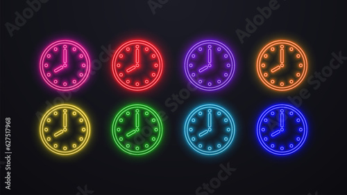 A set of neon clocks with a dial and hands in different colors: green, blue, orange, yellow, green, red on a dark background.