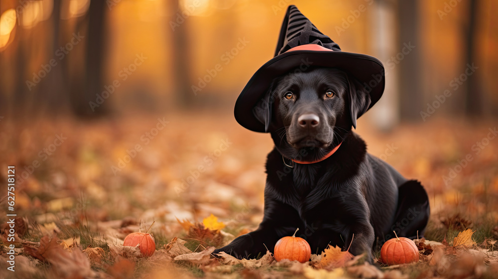 Labrador in fancy black hat  in autumn - obrazy, fototapety, plakaty 