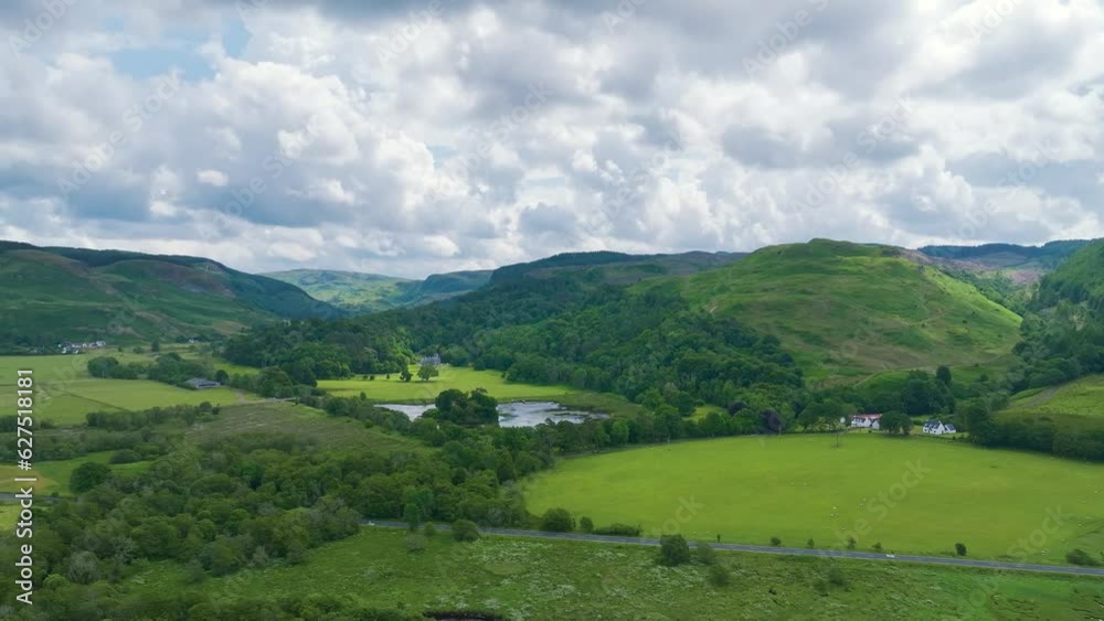 Loch Feochan and Feochan Bheag River from a drone, Feochan Glen, Oban, Argyll and Bute, West Highlands, Scotland Loch Feochan and Feochan Bheag River from a drone, Feochan Glen, Oban, Argyll and Bute, West Highlands, Scotland