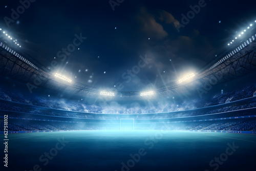 Football soccer field stadium at night and spotlight  blue light  AI generate