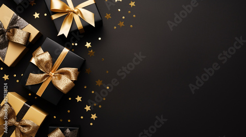 Elegant, gold and black gift backgrounds. Backgrounds of beautiful Christmas gifts.