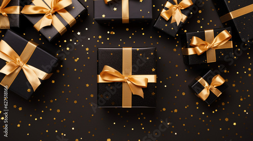 Elegant, gold and black gift backgrounds. Backgrounds of beautiful Christmas gifts.
