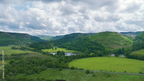 Loch Feochan and Feochan Bheag River from a drone, Feochan Glen, Oban, Argyll and Bute, West Highlands, Scotland  photo