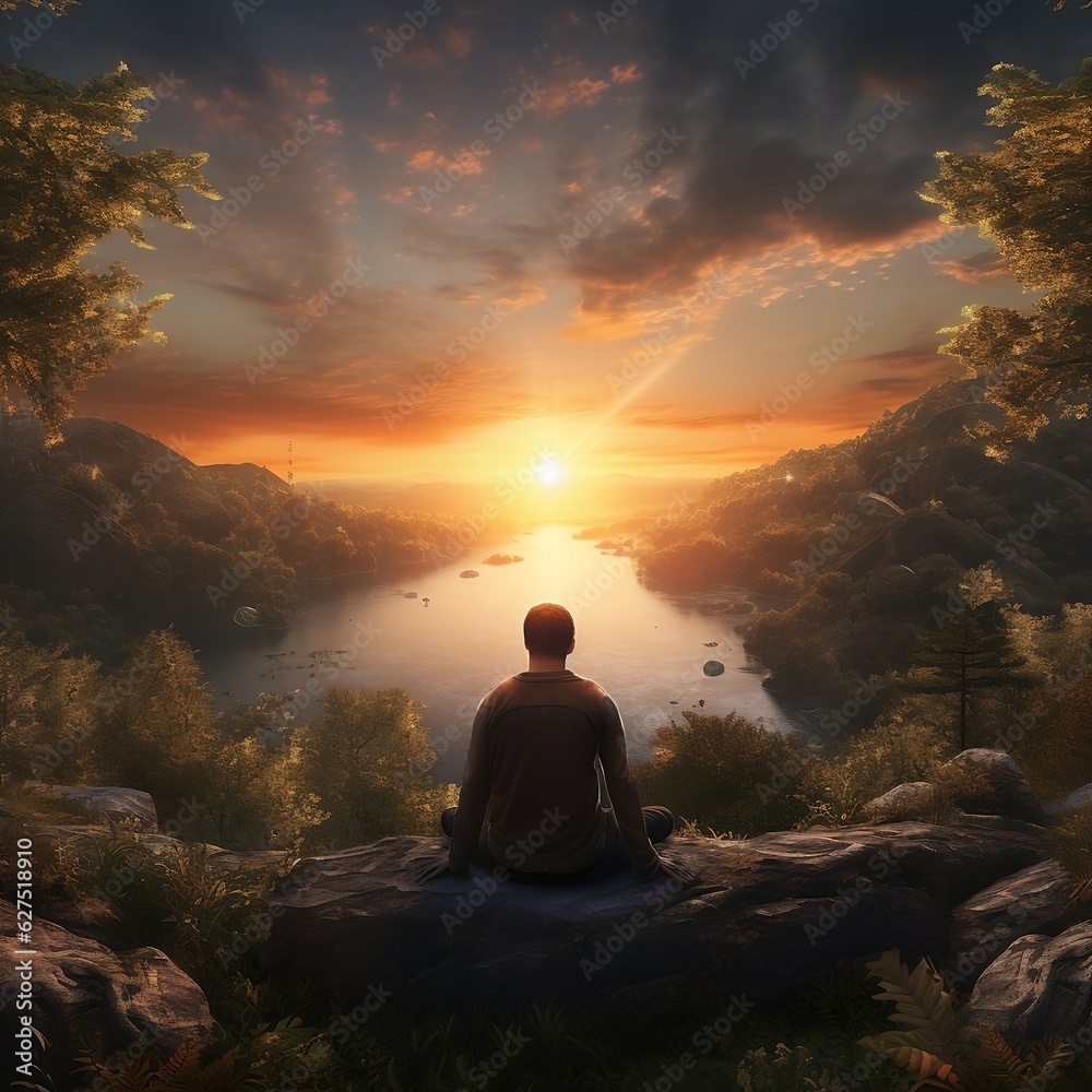 man meditating in the sunset