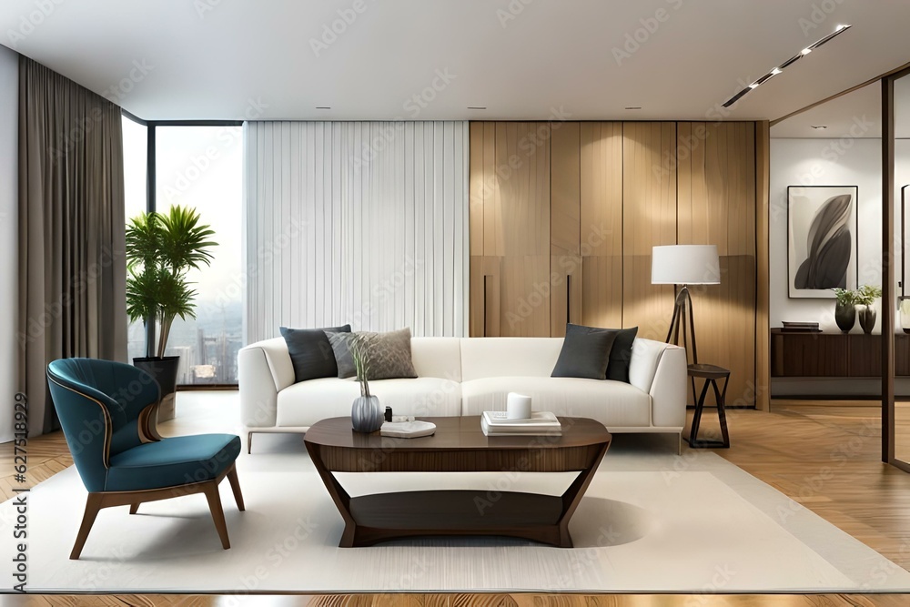 Fototapeta premium There are sofas and chairs with cushions in the modern living room including a creative wooden table with ornate items on it. Long cabinet or TV stand with vase close to white wall.