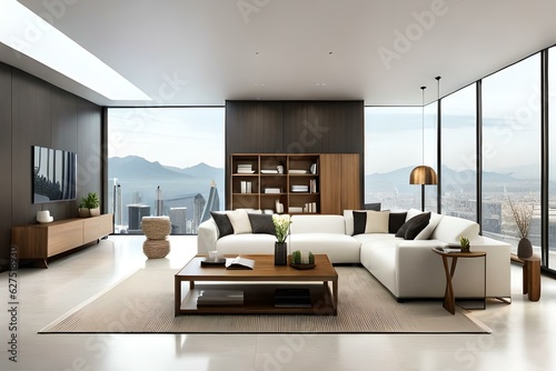 There are sofas and chairs with cushions in the modern living room including a creative wooden table with ornate items on it. Long cabinet or TV stand with vase close to white wall. 3d illustration.
