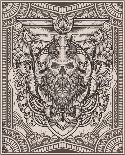 Illustration of viking skull head with vintage engraving ornament in back perfect for your business and Merchandise © Bayu