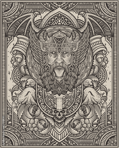 Illustration of angry viking head with vintage engraving ornament in back perfect for your business and Merchandise