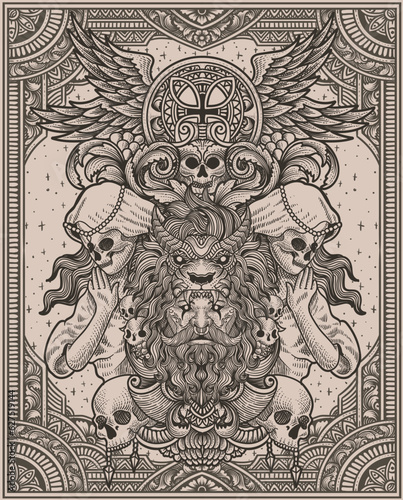 Illustration of tribal bearded man with lion hat vintage engraving ornament in back perfect for your business and Merchandise