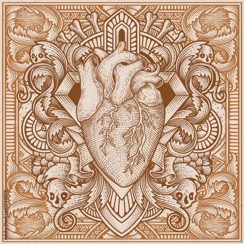 Illustration vector antique heart with vintage engraving ornament in back perfect for your merchandise and T shirt