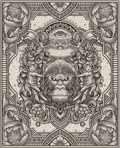 Illustration vector antique gorilla head with vintage engraving ornament in back perfect for your merchandise and T shirt
