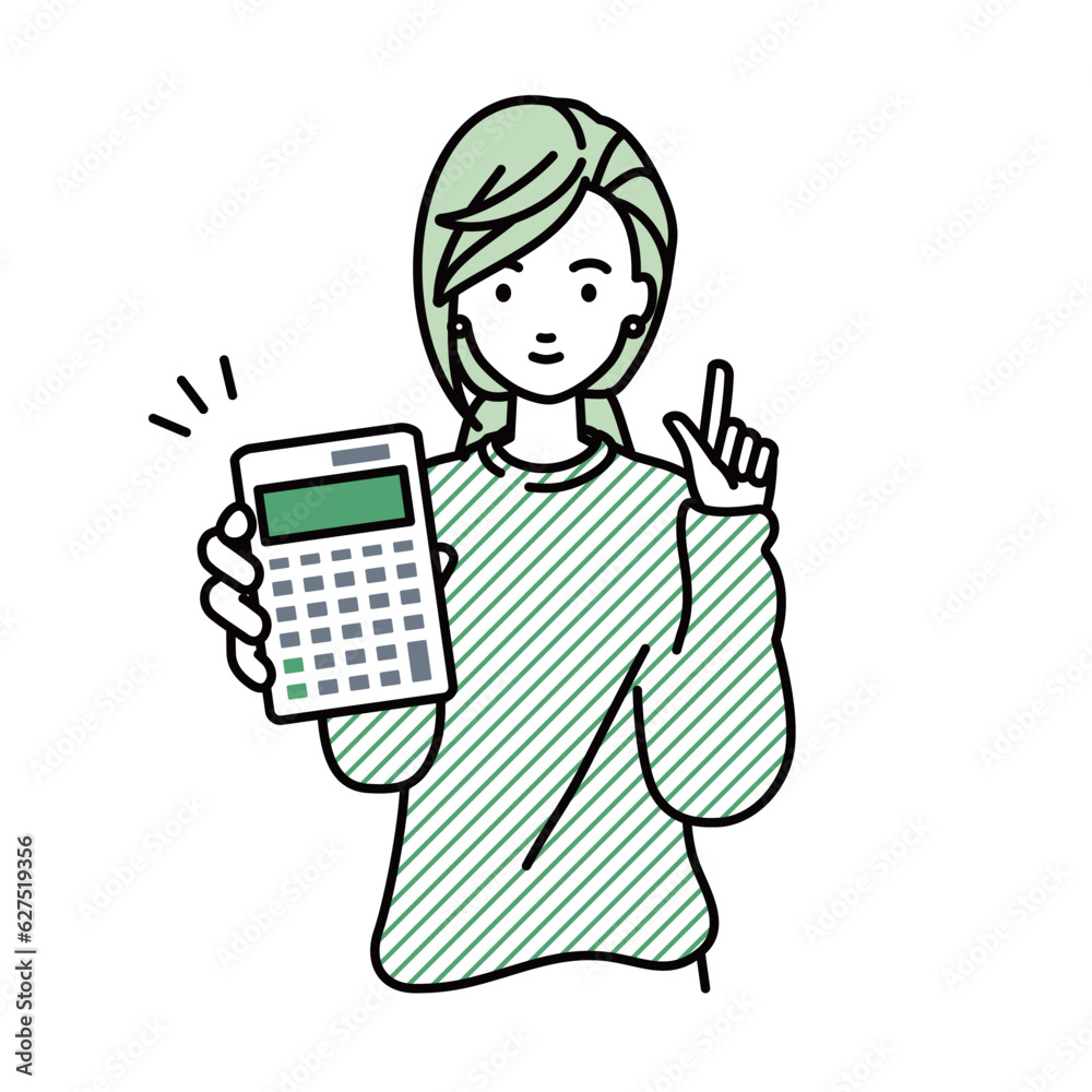 立って電卓を持ってこちらに向けて見せているスウェットの女性 立って電卓を持ってこちらに向けて見せているスウェットの女性