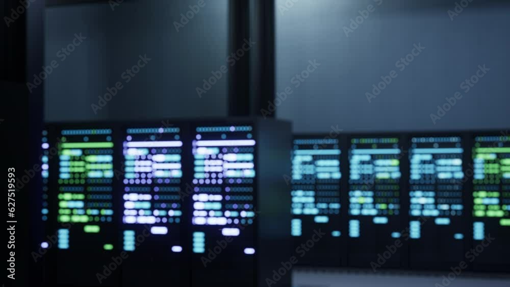 Dolly out shot of operational server rows in computer network security data center. Supercomputers providing processing and memory resources for various workloads, 3D render animation