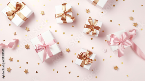 Elegant pink, white and gold gift backgrounds. Backgrounds of beautiful Christmas gifts.
