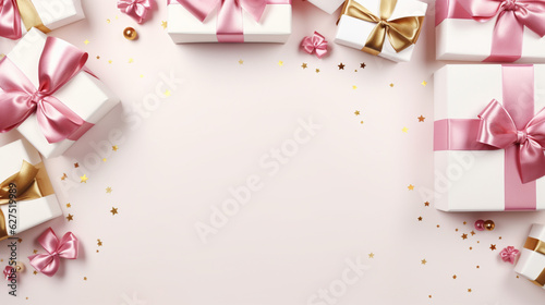 Elegant pink, white and gold gift backgrounds. Backgrounds of beautiful Christmas gifts.  © Moon Project