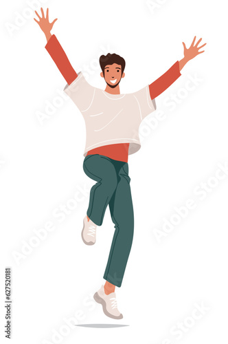 Happy guy jumping with his hands up. Modern young man at a holiday, concert, back to school. Flat cartoon vector character isolated on white background.