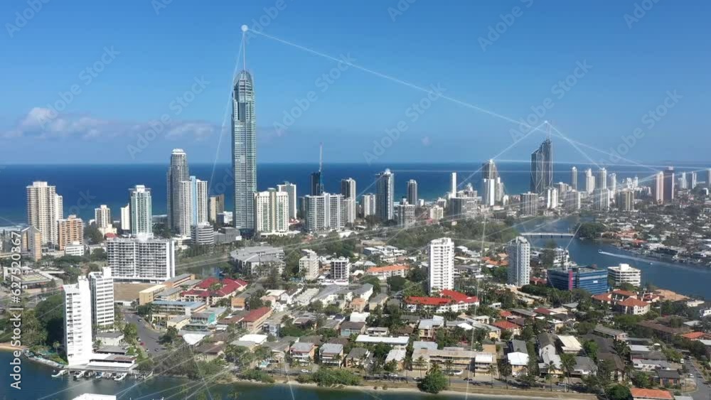 Smart city, connection and light by skyline for network, communication and contact with web 3 signal. Futuristic cityscape, fast internet and connectivity for global cyber development in metro cbd