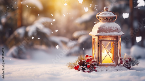 Christmas Lantern On Snow With Fir Branch and ornaments in the Sunlight. Winter Decoration Background, generated ai. © sderbane